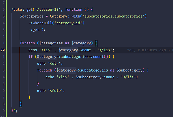 The image displays a code snippet for creating a hierarchical parent-child relationship in Laravel using Common Table Expressions.