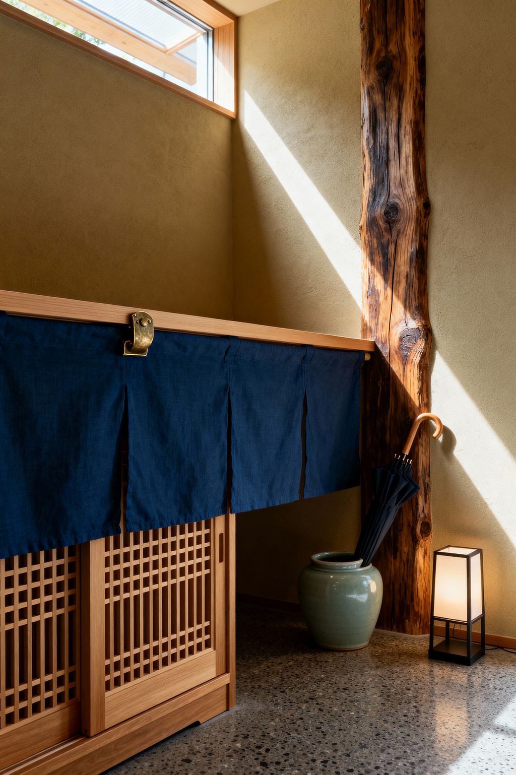 A compact Japanese-style mudroom shows a light cedar lattice-front cabinet draped with a deep indigo noren curtain. Textured earthen plaster walls and a vertical live-edge timber post define the corner. A celadon-glazed ceramic jar holds dark umbrellas beside a small black-framed lantern casting warm light. Sun from a narrow clerestory window creates a diagonal beam across the exposed aggregate concrete floor, emphasizing the space’s calm, minimalist character.