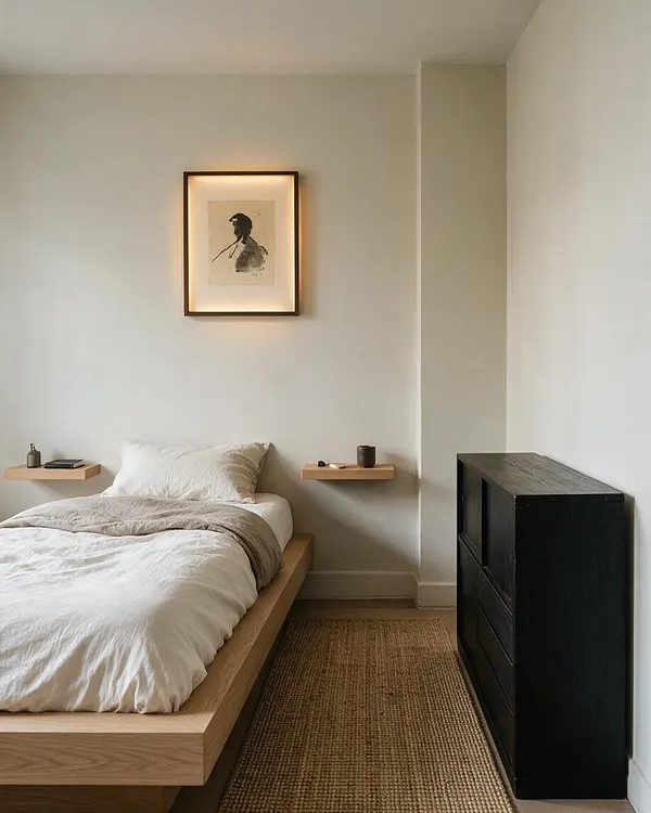 A minimalist master bedroom with a low oak platform bed dressed in white and beige bedding, floating wood night shelves, and a woven natural fiber rug. A framed artwork hangs centered above the bed, and a tall black dresser adds contrast against soft neutral walls.