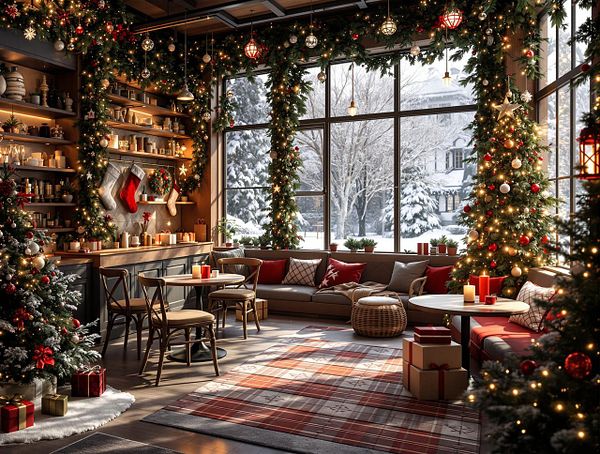 A cozy, festive interior decorated for Christmas with a view of a snowy landscape outside.