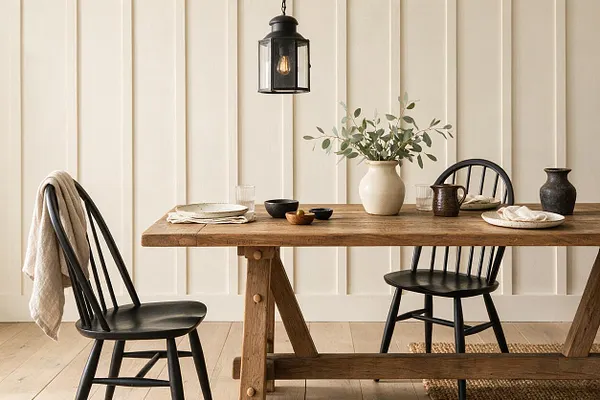 A farmhouse dining nook with a thick rustic wood table, black spindle-back chairs, and a cream paneled wall behind it. The table is styled with neutral ceramics, linen napkins, a white vase of greenery, and a black lantern pendant overhead.