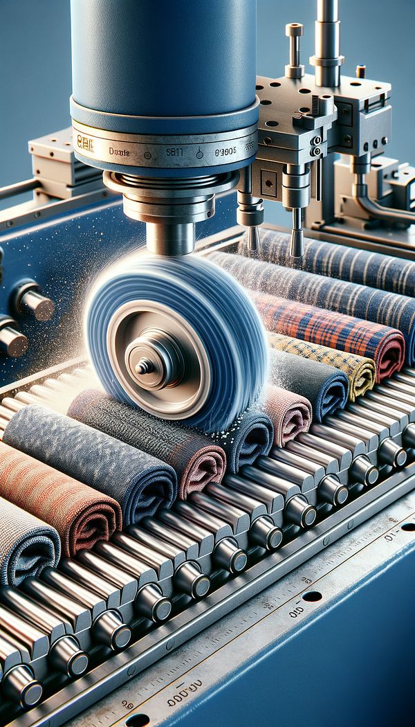 A series of textiles under the abrasive wheels of testing machines, illustrating the process of measuring their durability and resistance to wear.