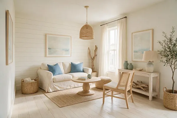 A bright studio apartment living area with a small cream sofa accented by blue pillows, a round wood coffee table, and a woven pendant light. The space features white shiplap walls, sheer curtains, pale wood floors, a cane-back chair, and natural fiber baskets and decor for a relaxed coastal feel.