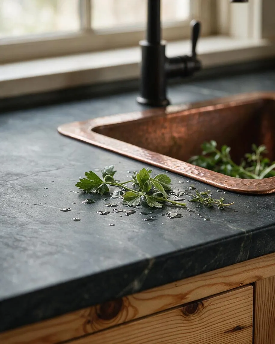 A rustic kitchen counter features a dark stone worktop with water droplets and fresh herbs near a copper farmhouse-style sink. A matte black faucet stands in front of a bright window, and the base cabinet below is made of light natural wood with visible grain.