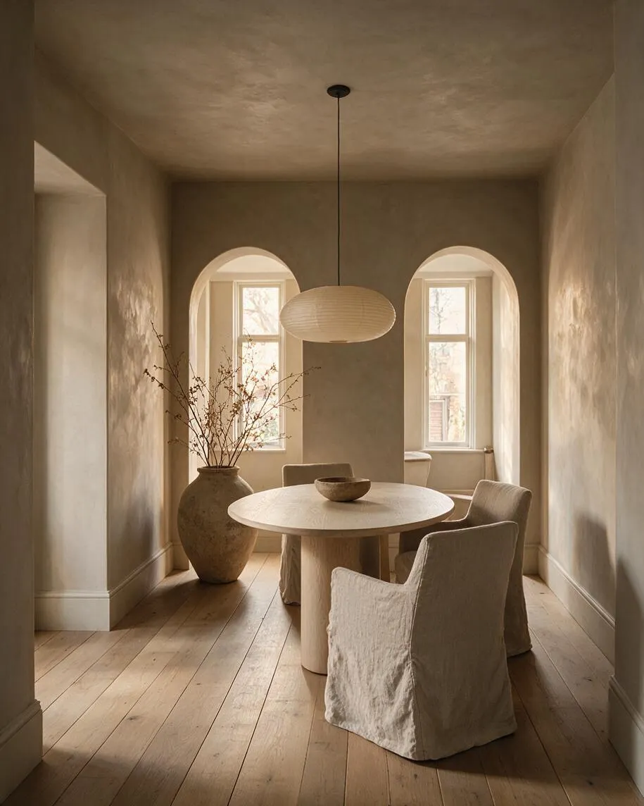 A serene dining room in warm neutral tones features a round pedestal table with slipcovered chairs on wide-plank wood floors. Textured plaster walls, arched window openings, a large ceramic vase with branches, and an oval pendant light create an Organic Modern look.