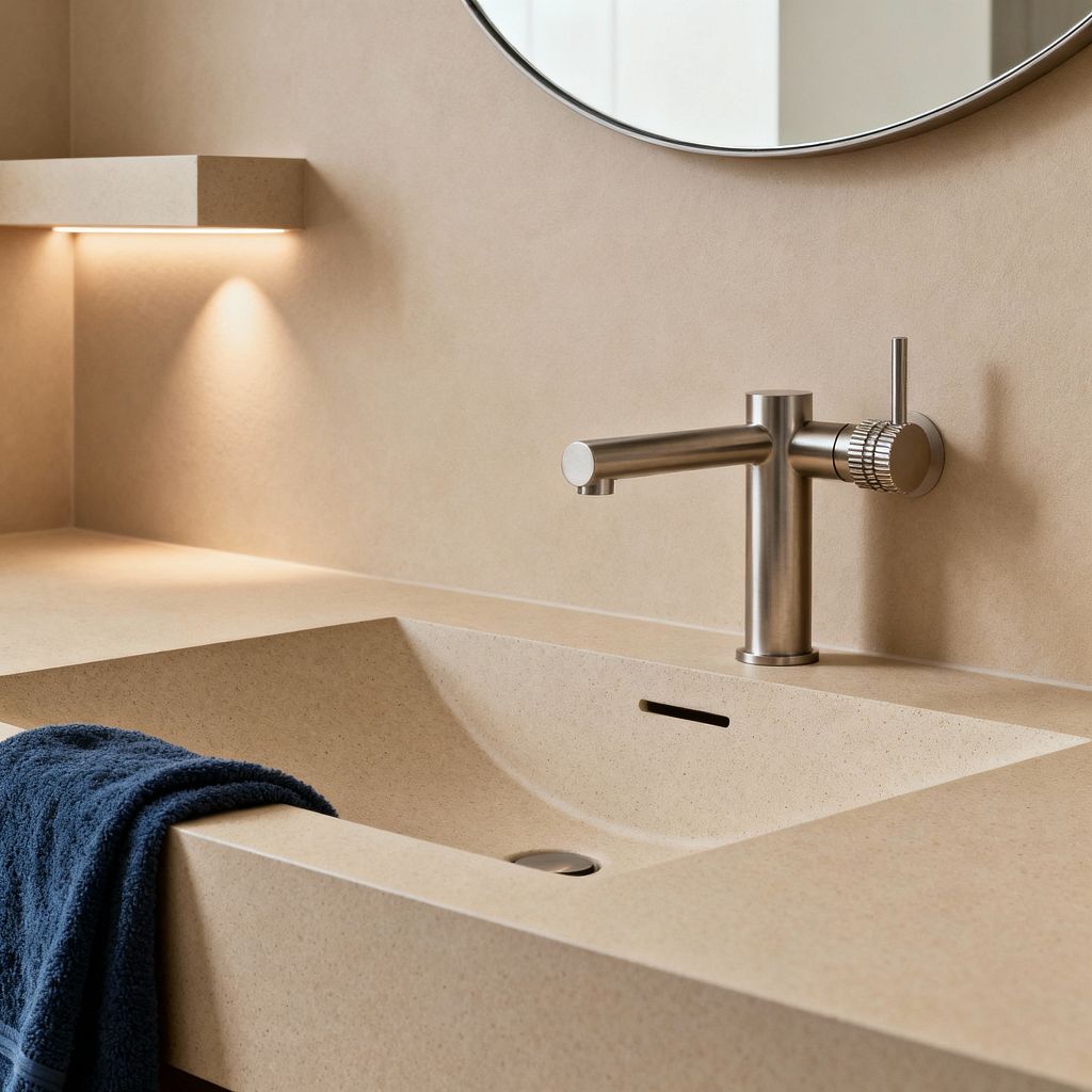 Close-up of a contemporary bathroom vanity in warm beige stone with an integrated, gently curved basin and matching backsplash. A cylindrical brushed stainless-steel faucet with a side lever sits beneath a round, thin-framed mirror, while a floating shelf with concealed warm LED lighting casts a soft glow on the wall; a navy towel rests on the counter edge, emphasizing the minimalist palette and clean, seamless surfaces.