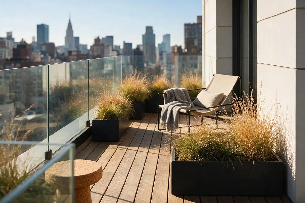 A modern rooftop terrace with warm wood decking, clear glass railings, and black planter boxes filled with ornamental grasses. A beige lounge chair with a gray throw sits beside a light exterior wall, overlooking a blurred city skyline in the background.