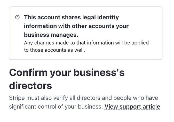The image displays a Stripe interface regarding legal identity information sharing and business director verification.