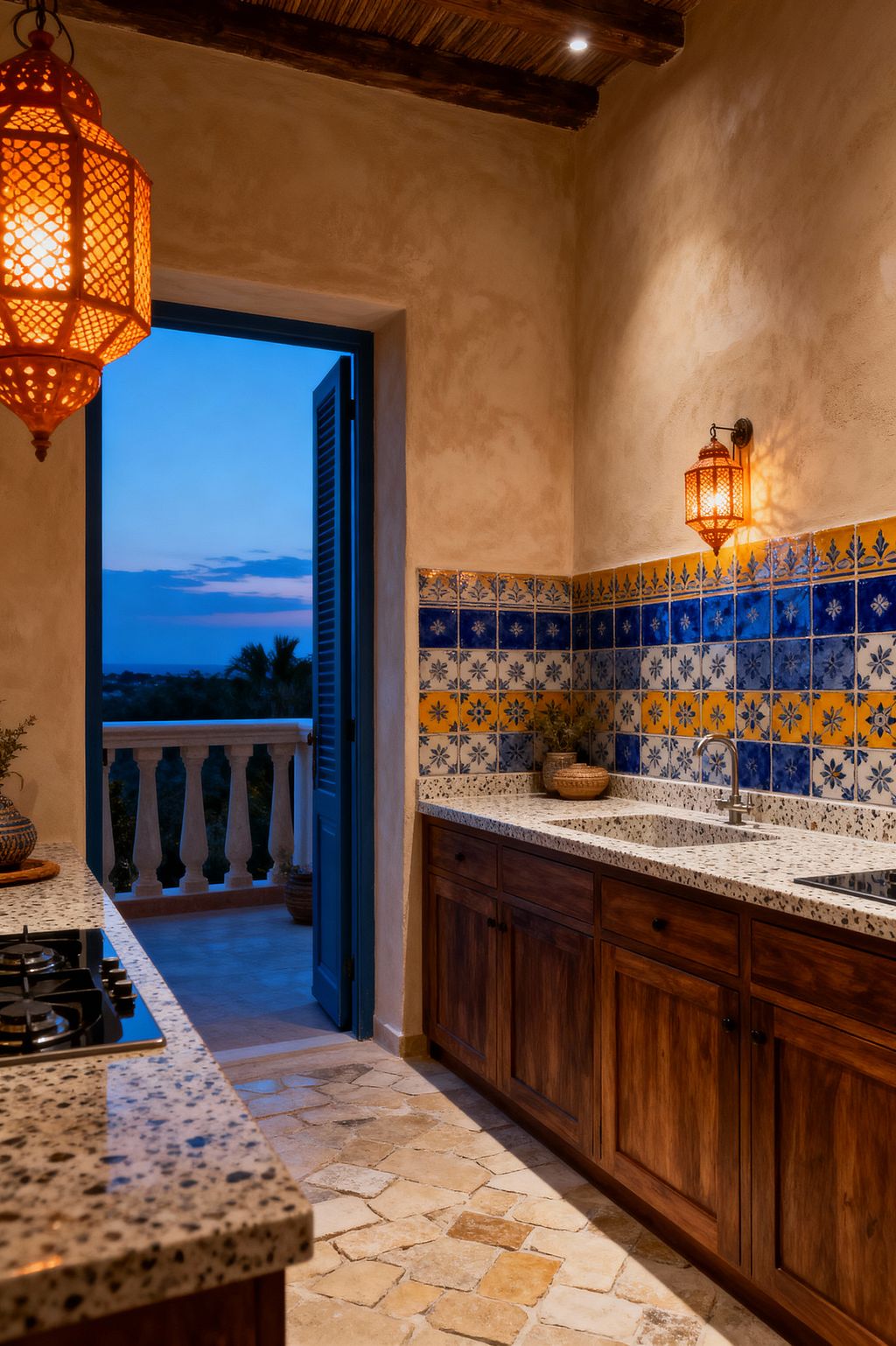A narrow bohemian kitchen features terrazzo countertops, walnut-stained cabinets, and a patterned ceramic tile backsplash in cobalt blue, saffron yellow, and white. Warm sand-colored plaster walls, tumbled limestone floors, and exposed timber beams create a rustic setting. Perforated copper lanterns cast an amber glow over a stainless-steel sink and gas cooktop, while a deep teal door opens to a twilight balcony beyond.