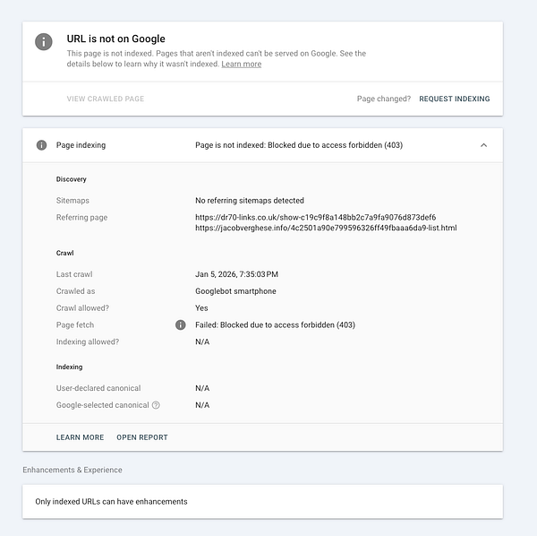 A website crawler statistics page from Google Search Console displays a warning about blocked URLs due to robots.txt.