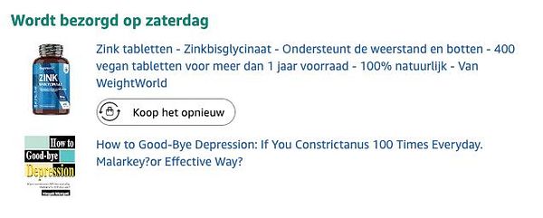 The image features a product listing for zinc tablets and a book about overcoming depression.