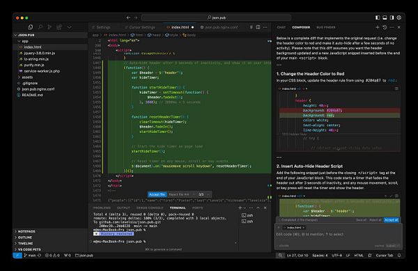 A code editor interface displaying HTML and JavaScript code for implementing an auto-hide header feature.
