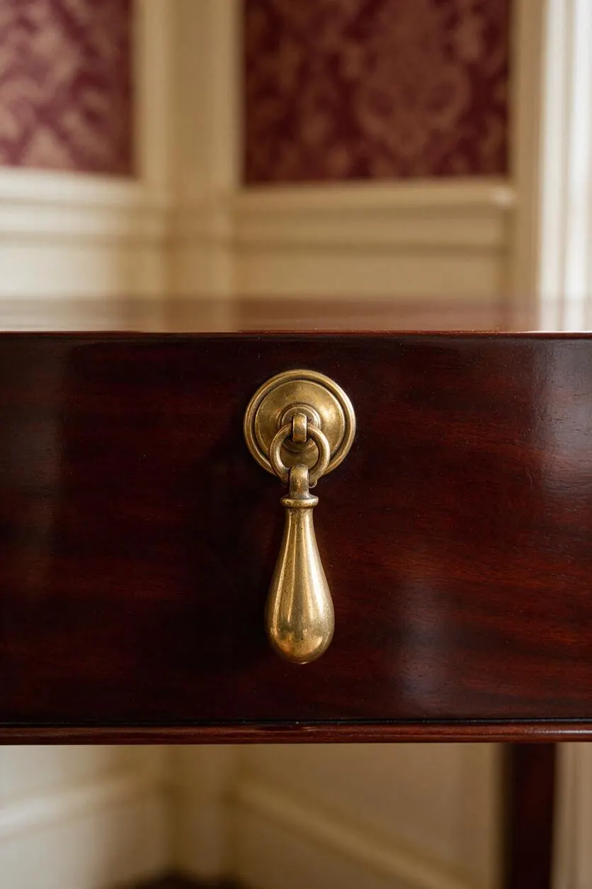 A close-up of a dark mahogany wooden drawer front with a polished brass drop pull centered on the panel. The blurred background shows cream trim and deep red patterned wall covering, reinforcing the traditional setting.