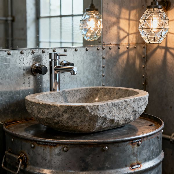 Close-up of an industrial bathroom vanity featuring a rough granite vessel sink set on a repurposed metal drum, with a polished chrome faucet and black knurled wall valves before a riveted galvanized panel and mirror beaded with water droplets. A faceted glass wall sconce emits a warm glow that casts geometric shadows across the cool gray metal, while a gridded factory-style window reflects in the mirror.