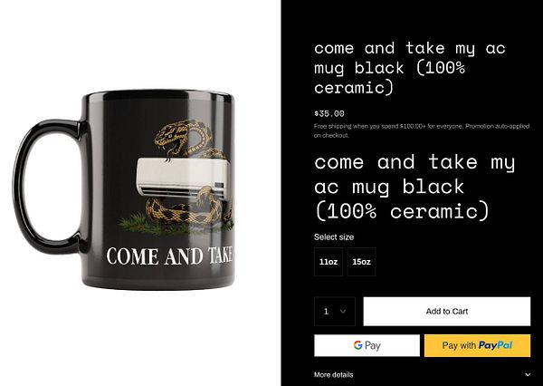 A black t-shirt featuring a bold white design of a stylized air conditioner with the phrase 'COME AND TAKE IT'.