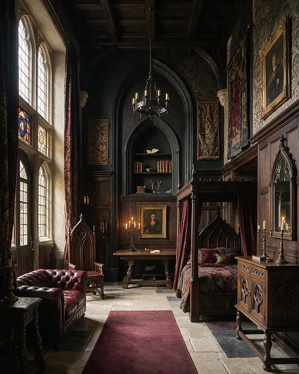 A dramatic Gothic entryway with tall stained-glass windows, dark wood paneling, a pointed-arch alcove, and a chandelier hanging from a high ceiling. The space includes a burgundy leather settee, carved wooden furniture, tapestries, candles, and a bed-like canopied nook, all in deep jewel tones and shadowy light.