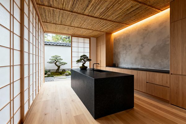 A Japanese-inspired kitchen features sliding shoji screens with washi paper, a bamboo slat ceiling, and light oak flooring. Warm oak cabinetry lines one wall with black stone worktops, while a monolithic matte black island with integrated sink sits central. Soft cove LED lighting grazes a gray plaster wall. Doors open to a small courtyard with a pruned pine and gravel, and a bonsai planter rests on the island, reinforcing the serene minimalism.