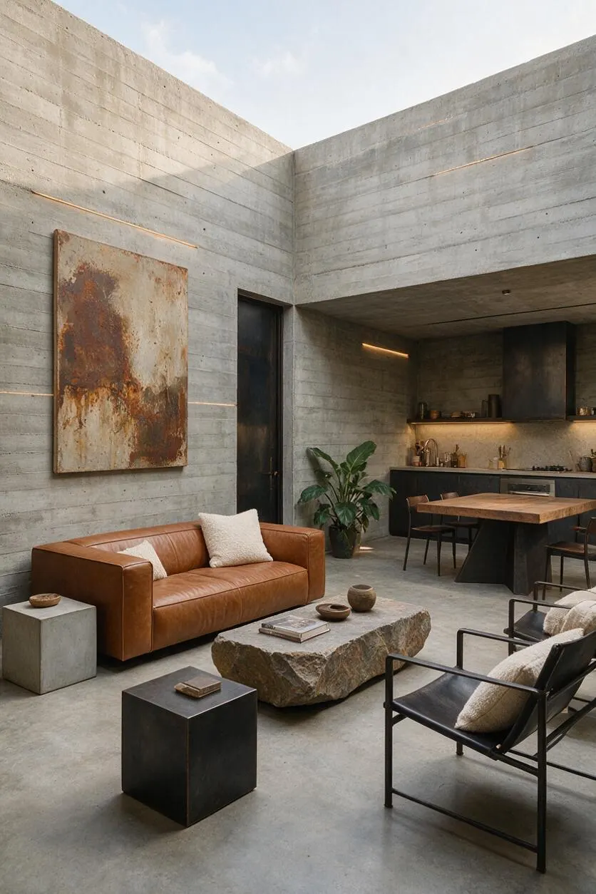 A Brutalist-style patio with tall raw concrete walls and a high open ceiling, furnished with a caramel leather sofa, black metal lounge chairs, and a sculptural stone coffee table. The space includes a compact kitchen, a weathered wall artwork, and soft integrated lighting that warms the gray concrete surfaces.