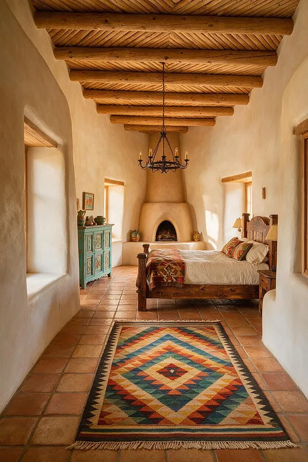 A Southwestern-style master bedroom with white adobe walls, exposed log ceiling beams, terracotta tile floors, and a carved wooden bed. A colorful geometric rug runs down the center, while a wrought-iron chandelier hangs above an adobe fireplace at the far end.