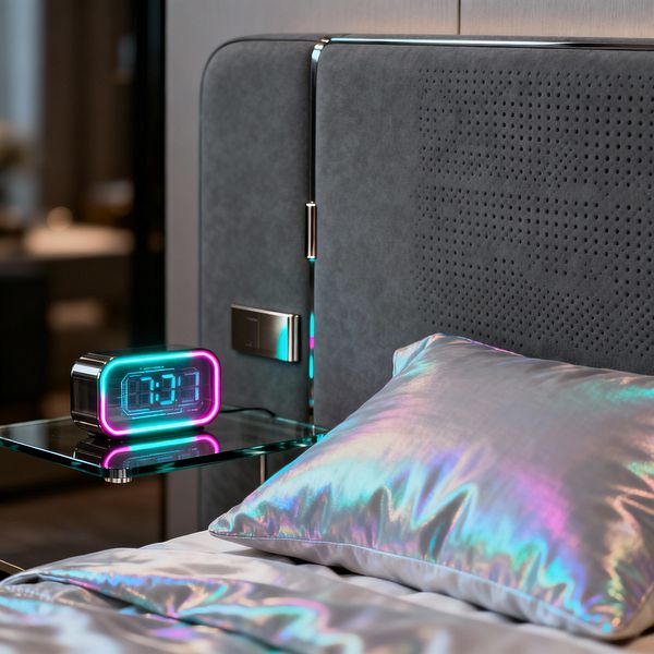 Close-up of a futuristic bed shows a charcoal gray, perforated upholstered headboard with polished chrome trim and a flush metal control panel, paired with a floating glass nightstand. A small digital clock outlined in cyan and magenta LED light sits on the glass shelf, while an iridescent silver pillow and duvet reflect blue, teal, and violet tones under soft ambient lighting, with blurred neutral wall panels in the background.