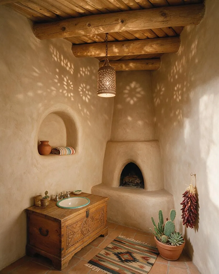 A compact Southwestern powder room with smooth adobe walls, exposed wood ceiling beams, and a hanging perforated metal pendant casting floral light patterns. The space features a carved wooden vanity with a round basin, an arched wall niche, a small corner fireplace, terracotta tile flooring, a woven rug, and potted cactus accents.