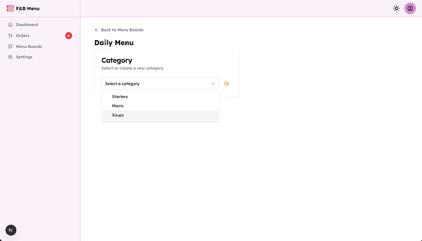 The interface displays a menu management tool for selecting or creating food categories.