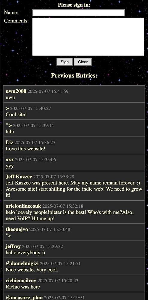 A guestbook interface displaying user comments and a sign-in form.