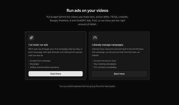 Screenshot of the VideoAI.me homepage showing features and a call to action for creating video ads automatically.