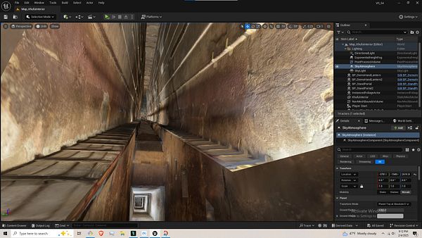 A 3D rendering of the interior of the Khufu pyramid, showcasing a narrow passageway with detailed textures.