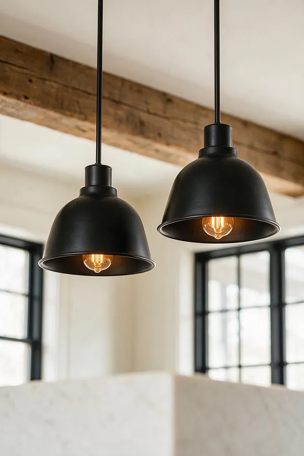 Two matte black dome pendant lights hang from the ceiling in front of a rustic reclaimed wood beam. Soft white walls, black-framed windows, and a light stone surface create a clean farmhouse interior with warm, ambient lighting.