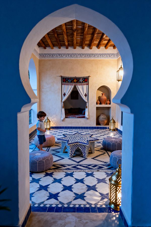 View through a Moorish keyhole arch into a Moroccan-style children’s room with blue-and-white zellige star tiles, a low star-shaped mosaic table, and round leather poufs set on a wool rug. Tadelakt plaster walls, timber ceiling beams, pierced brass lanterns, a curtained alcove reading nook, arched windows with ironwork, and a built-in niche of terracotta pots create a warm, lantern-lit play space where a small child stands near the poufs.