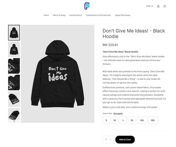 A black hoodie featuring playful text, displayed on an online shopping interface.