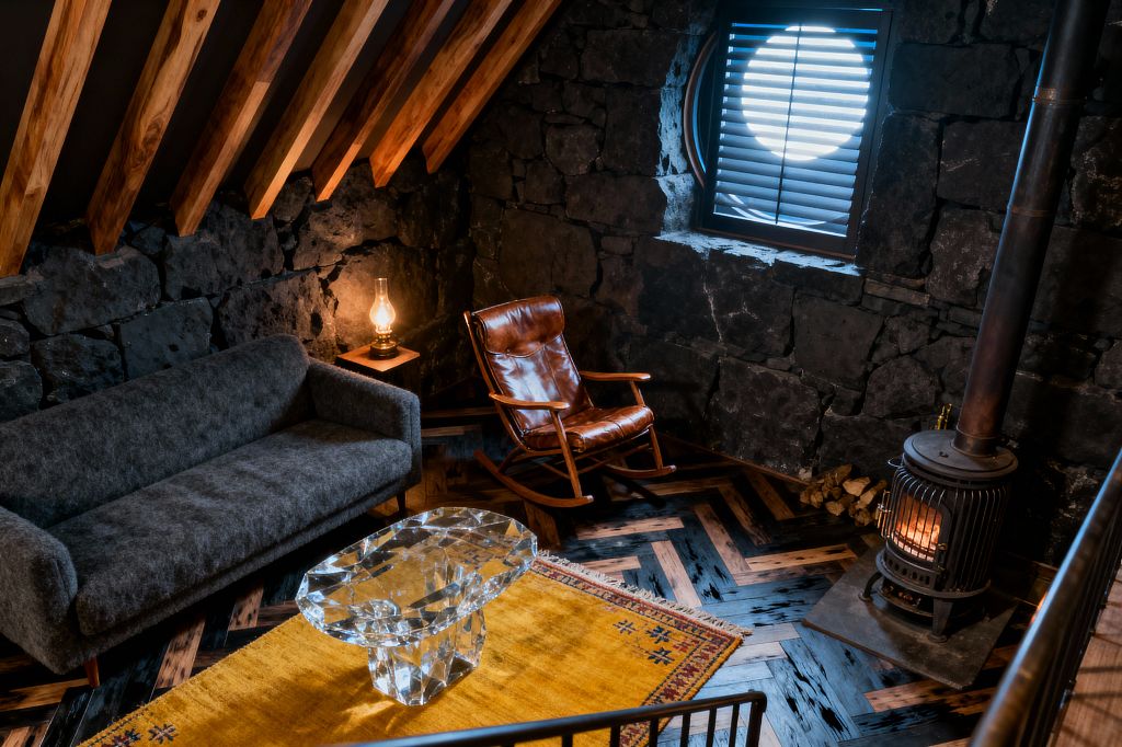 An intimate loft living room with rough dark stone walls and exposed timber rafters. A round porthole window with slatted blinds brings cool light while a cast-iron wood stove glows at right. A charcoal gray sofa sits opposite a cognac leather rocking chair. A faceted clear glass coffee table rests on a mustard yellow rug, and a small oil lamp on a wooden side table adds warm ambient light over a herringbone wood floor.