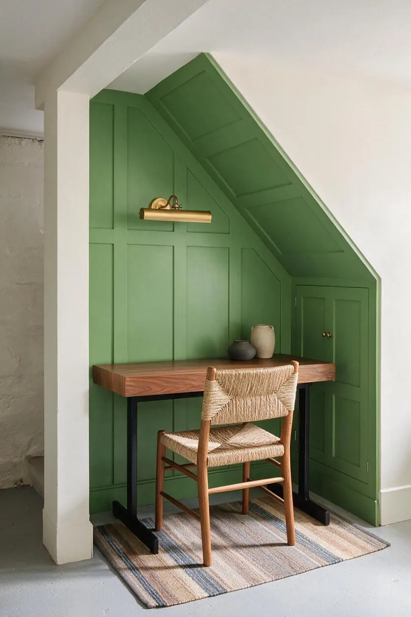 A compact basement workspace tucked under a sloped ceiling, finished in rich green paneled walls and built-in cabinetry. A wood desk with black metal legs sits on a striped rug, paired with a woven rope chair and a brass wall sconce above.