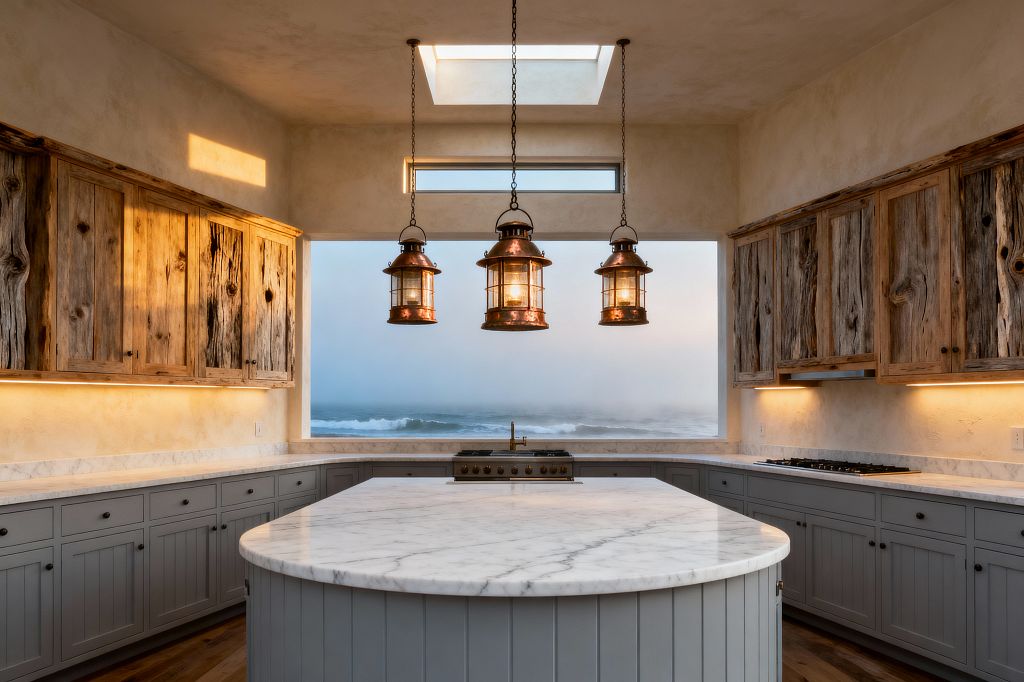 A coastal kitchen with a wide ocean-facing window and three hanging copper lantern pendants above a rounded white marble island. Weathered driftwood upper cabinets line both sides, with warm under-cabinet lighting over matching marble counters and soft gray beadboard lower cabinetry. A brass faucet and range sit beneath the window, and a skylight brings soft daylight from above. Sandy plaster walls and wood flooring complete the palette, creating a warm, nautical atmosphere.