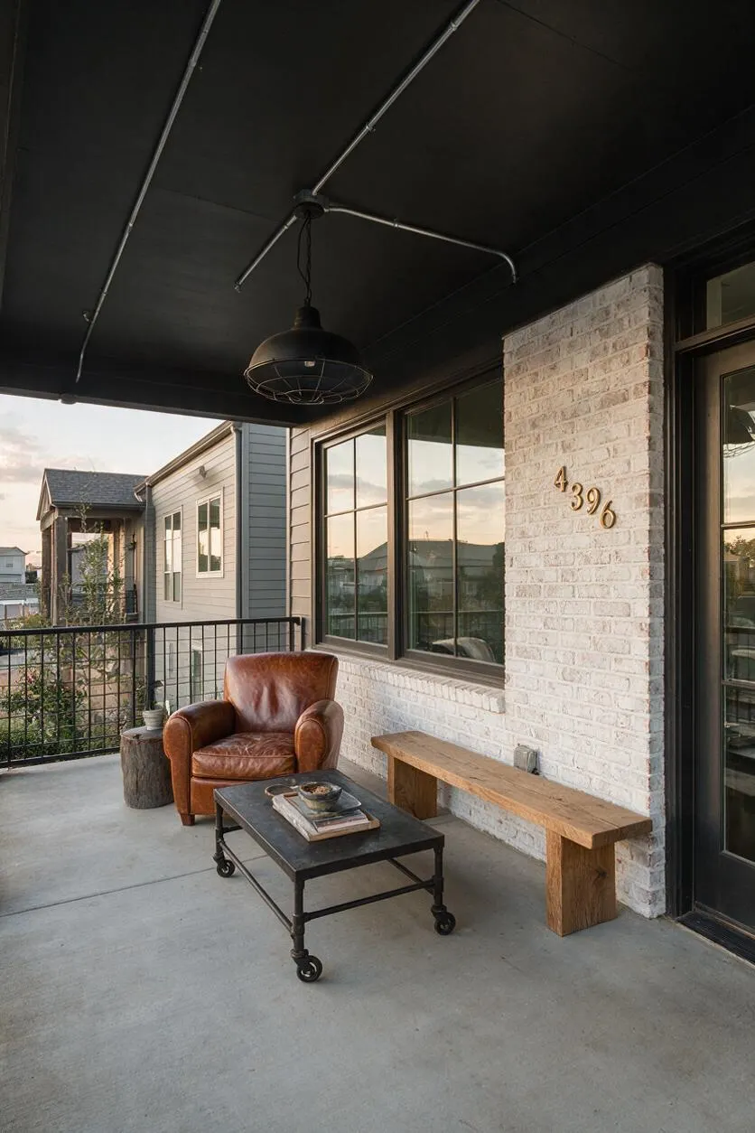 A covered front porch with a black ceiling, exposed conduit, and a cage-style industrial pendant light. The space includes a brown leather armchair, a low black metal coffee table on casters, a rustic wooden bench, and white painted brick walls with large dark-framed windows and house number 4396.