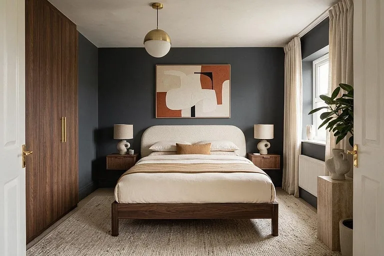 A Modern bedroom in the Moody Charcoal palette: charcoal, oatmeal, walnut, camel, and brass