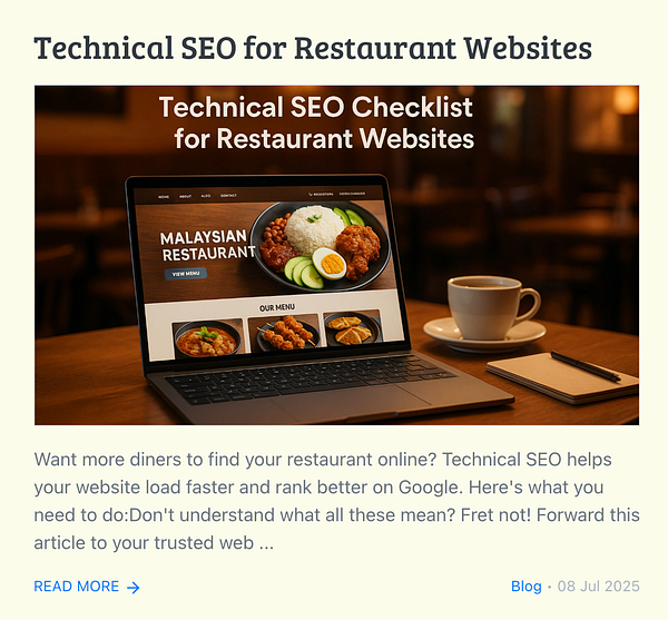 A laptop displaying a technical SEO checklist for restaurant websites is placed on a wooden table next to a cup of coffee.