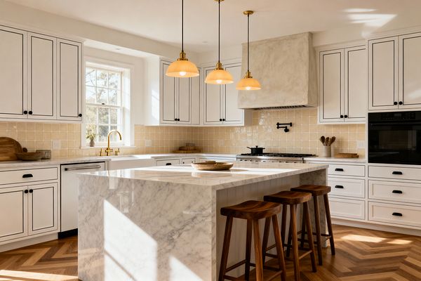 A sunlit transitional kitchen features white Shaker cabinets with black hardware around a large marble waterfall island and three wooden stools. Cream square tile backsplashes, a plaster range hood, a brass bridge faucet, and three brass-and-glass pendants add warmth, while a matte-black pot filler, a black wall oven, and herringbone wood floors provide contrast; daylight streams through a window above the sink.