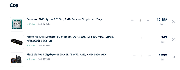 The image displays a shopping cart summary for computer components.