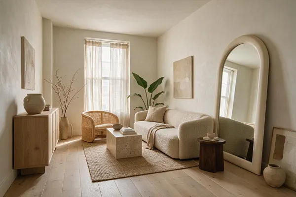 A serene living room with a cream bouclé sofa, woven wicker chair, stone coffee table, and oversized arched mirror. Light wood floors, beige walls, linen curtains, and sculptural pottery create a calm organic modern space filled with soft natural light.