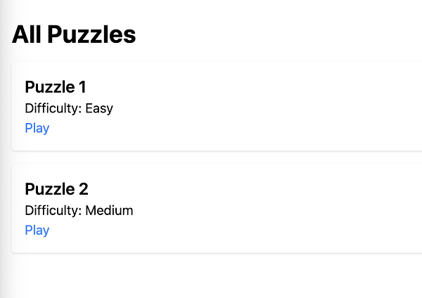 A user interface displaying a list of puzzles with their difficulty levels and play options.