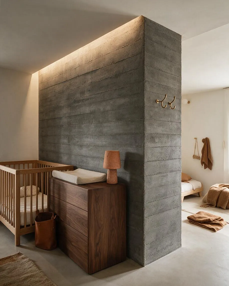 A kids' room with a large exposed concrete partition centered in the space, paired with a wooden crib and walnut dresser. Soft neutral bedding, tan textiles, and minimal brass hooks create a calm, modern atmosphere.