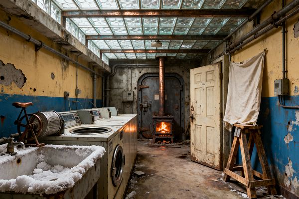 A dilapidated, bunker-like laundry room shows a row of dented commercial washers beside a crusted utility sink and a hand-cranked spinner. Peeling yellow-and-blue walls, exposed metal conduits, and a rusting glass-block ceiling frame a cast-iron wood stove glowing before a heavy steel door. A weathered wooden trestle holds a draped cloth for drying, while concrete floors scatter debris and frost, lit by cool daylight and the stove’s orange light.