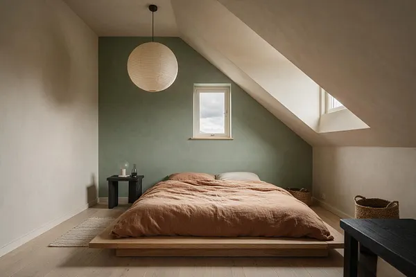A calm master bedroom with a low wood platform bed dressed in soft brown and white linens, set against a muted sage green accent wall. The room features sloped ceilings, a paper lantern pendant light, a small window, black side tables, woven baskets, and a pale rug on light wood flooring.