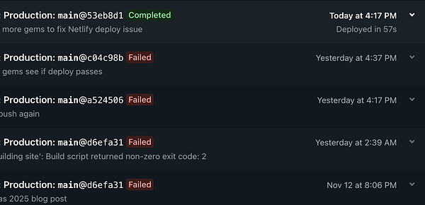 The image displays a deployment log with various statuses for different commits.