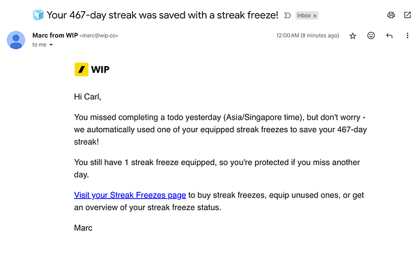 An email notification confirming the saving of a 467-day streak using a streak freeze.