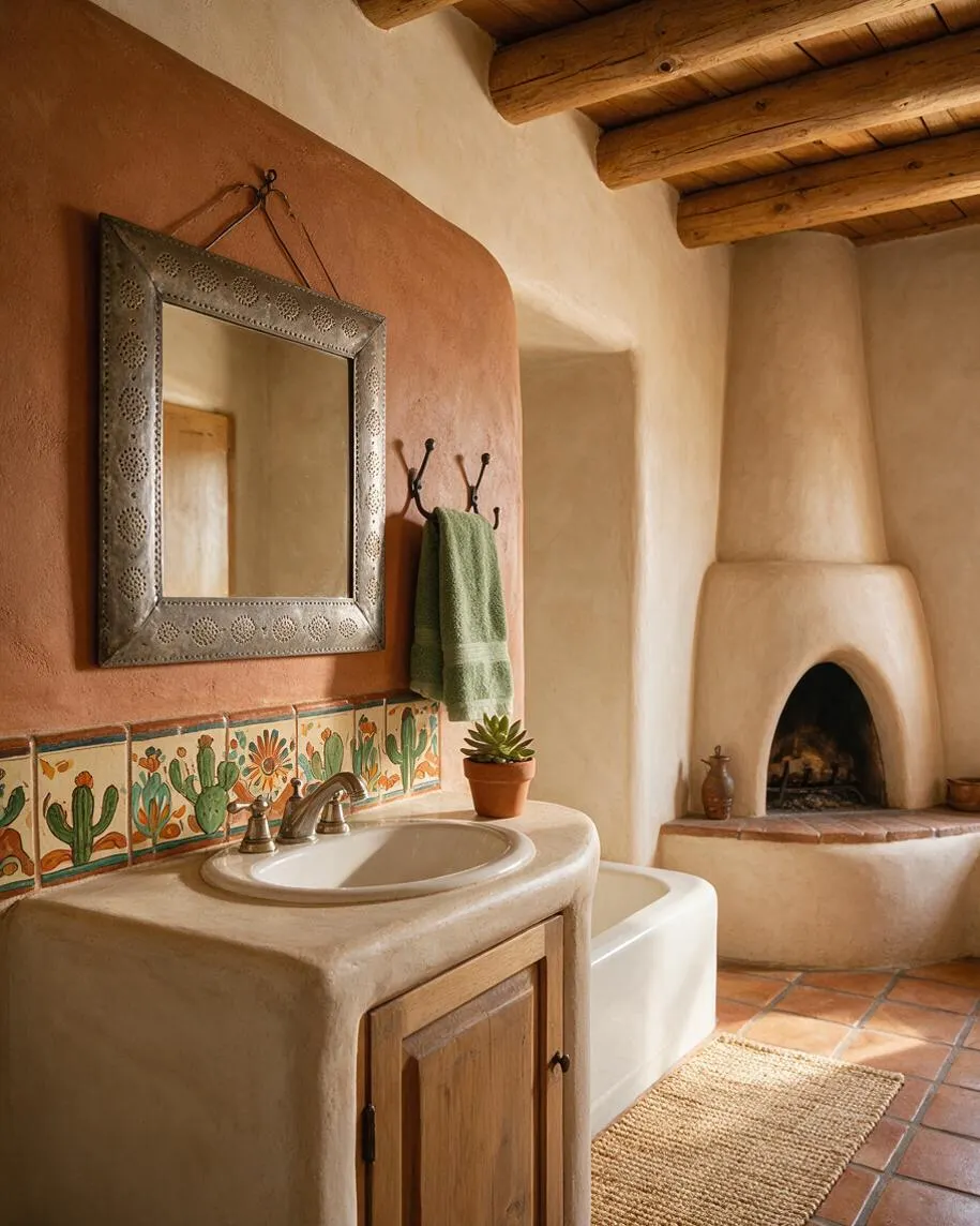 A Southwestern-style master bathroom with a stucco vanity, carved metal-framed mirror, colorful cactus tile backsplash, and a curved adobe fireplace. Exposed wood ceiling beams and terracotta floor tiles add warmth, while a small woven rug and simple towels complete the rustic, earthy look.