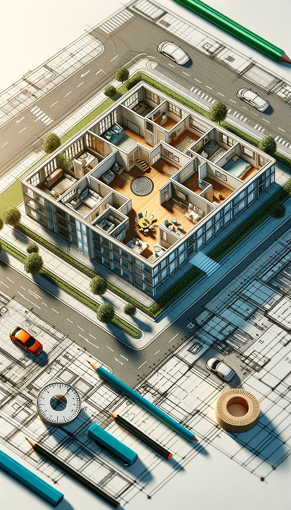 a detailed sketch of a building layout seen from above, including rooms, doors, windows, and furniture, illustrating a typical floor plan