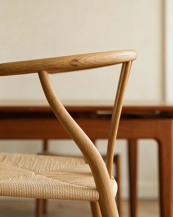 A close-up of a Mid-Century Modern wooden chair with a rounded oak arm and slender curved supports. The seat is woven with natural straw-toned material, set against a warm beige wall and a wooden table in the background.